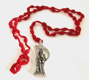 Rosario San Muerte Roja Hilo/Santa Muerte Cuerda Anudada Roja Plata #79040 - Imagen 1 de 1