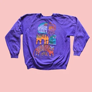 Laurel Burch Cats 90s Y2K Purple Sweatshirt Skater Vintage Grunge Pullover Top L - Picture 1 of 7
