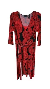 Apostrophe Dress Womens  Large Red Black Wrap Midi Long Sleeve Stretch - Picture 1 of 3