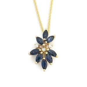 Marquise Blue Sapphire Diamond Cluster Pendant Necklace 14K Yellow Gold 1.15 CTW - Picture 1 of 6