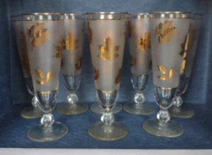 Set of 4 ~ LIBBEY FROSTED PILSNER GLASSES ~ “Gold Leaf” ~ 8.5" Tall ~Vintage MCM - Picture 1 of 8