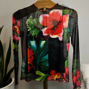 Desigual Tropical Floral Long Sleeve Mock Neck Sheer Top Size Women US Small - Picture 1 of 6