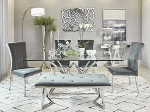 Coaster Beaufort 109451-S6 6pc Dining Set Glass Table Gray Velvet Chair Bench - Picture 1 of 5