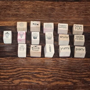 16 Wood Mounted Rubber Stamps Mixed Brands Happy Birthday Cakes Cupcakes Candy - Picture 1 of 5