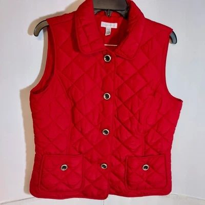 Charter Club Women's Red Quilted Vest Size Medium Button Closure Pockets - Image 1 of 4