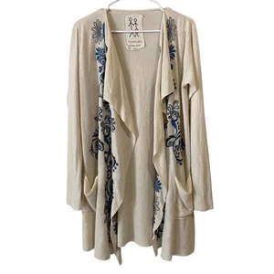 Cardigan Johnny Was aperto davanti maglia piccolo bianco blu ricamato floreale boho - Foto 1 di 9