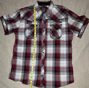 BKE Buckle Men's L Large Slim Fit Red White Black Plaid Snap Button Down Shirt - Picture 1 of 17