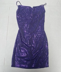 Renee C lila Pailletten Glitzer Spaghettiträger Gr. L Disco Minikleid Wasserfallausschnitt - Bild 1 von 7