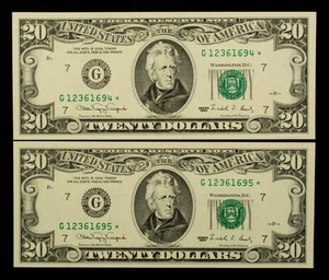 FR 2078-G* $20 1990 FR Notes US - 2 Consecutive Star Notes - UNC - SKU-CA1914 - Picture 1 of 2