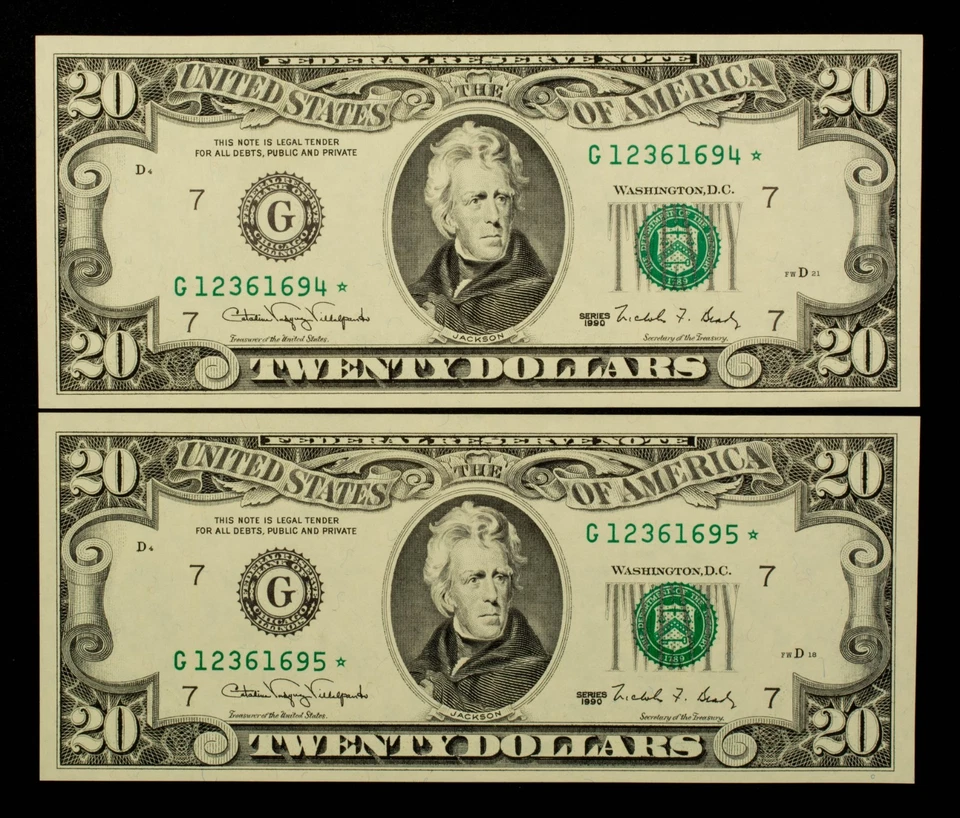 FR 2078-G* $20 1990 FR Notes US - 2 Consecutive Star Notes - UNC - SKU-CA1914 - Image 1 of 2