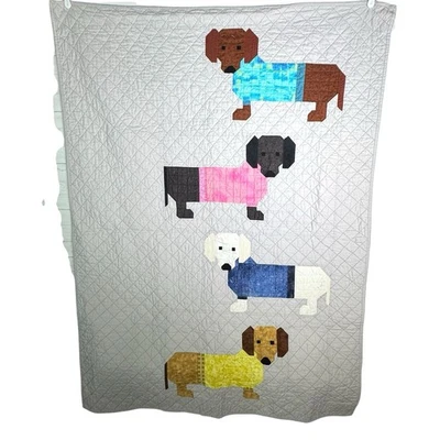 Vintage Handmade Weiner Dog Dachshund Patchwork Quilt 43” X 57” Colorful - Image 1 of 4
