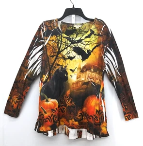 One World Shirt Women Size XL Multicolor Long Sleeve Cat Bat Halloween Theme Top - Picture 1 of 7