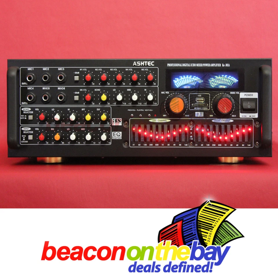 ASHTEC Mixer Amplifier Bluetooth 1200W FM Radio 10 Channel Karaoke DJ - Image 1 of 4