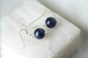 Sapphire Blue Natural Gemstone 10mm Ball 925 Sterling Silver Earrings 1 1/4" - Picture 1 of 5