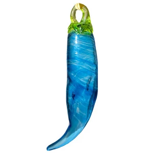 Turquoise Blue Hand Blown Glass Chile Pepper 9.5” Ornament By Artist Adam Frus - Picture 1 of 6