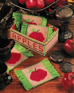Apple Mug Rug Coasters & Crate - 4" - 7 count pc - Plastic Canvas Pattern ONLY - Picture 1 of 2