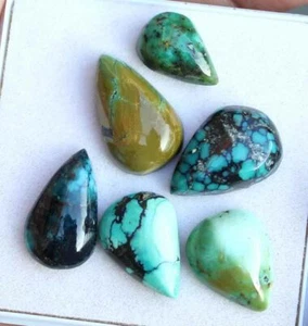 37.10Ct 8*12 Mm Natural Spider web Tibet Turquoise Pear Cabochon Loose Gem 6 pic - Picture 1 of 3