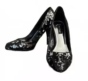 NEW White House Black Market Athena Stiletto Shoes Size 7.5 Sequins Black Silver - Picture 1 of 8