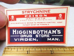 Etiqueta Original De Colección, 1900 Etiqueta Veneno Estricnina con Calavera, Virden Canadá - Imagen 1 de 2