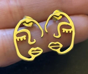 Abstract Artistic Gold Tone Face Pierced Earrings Unique Style! - Picture 1 of 5