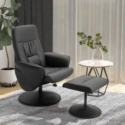 Swivel Recliner Chair with Footstool PU Leather Armchair Seat and Ottoman Black - Image 1 of 4