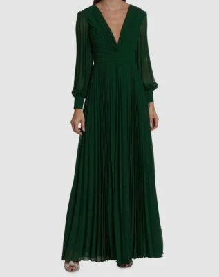 Vestido para mujer Badgley Mischka verde plisado cuello en V talla 2 $795 Foto 1 de 3