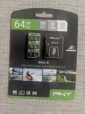 PNY 64GB Elite-X Class 10 U3 V30 microSDXC Flash Memory Card 3 Pack 100MB/s NEW - Image 1 of 2