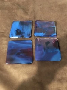 4 Kunst Glas Verschmolzen 4" Quadratisch Blau/Lila Wirbel Untersetzer Hergestellt in Montana - Bild 1 von 11
