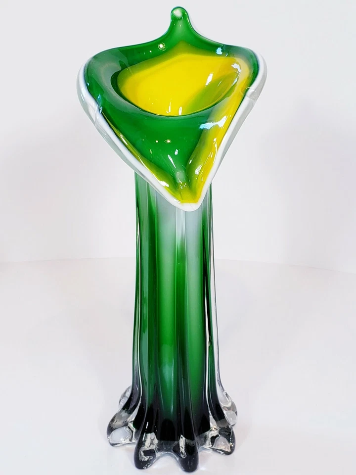 艺术玻璃郁金香花瓶讲坛杰克 11 1/2 英寸白色绿色黄色  — 第 1/4 张图片