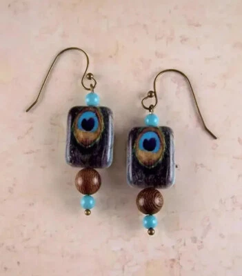 Bronze Brown Turquoise Peacock Dangle Earrings Womens Handmade Artisan Jewelry - Image 1 of 4