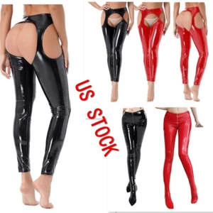 Women Shiny Leather Tights Cutout Crotchless Open Butt Skinny Pants Clubwear - Picture 1 of 71