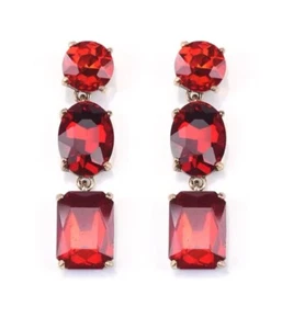 Earrings Statment Gold Red Rhinestone Red Colour Crystals Drop round Boho Long - Picture 1 of 4