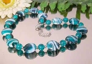 AUFFALLENDES Lampwork GLAS Collier Seegrün + Crackle Glas - O+A+K - Bild 1 von 11