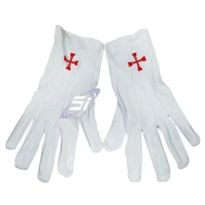 Regalías masónicas guantes de algodón cruz roja con espalda bordada más pequeño - Imagen 1 de 2