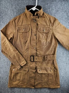 Barbour Utility Mac Waxed Jacket Tan Tartan Lined Cotton L1501 Belted UK 12 - Picture 1 of 18