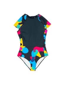Hurley QD Tropicamo Black Multi Short Sleeve Surf Swim Suit Rash Guard Small - Picture 1 of 7