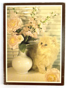 Vintage 70er Jahre Katze Kätzchen Wand oder Tischplatte Plakette Foto auf Pressbrett - Bild 1 von 7