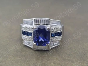 4Ct Simulated Diamond & Sapphire Wedding Mens 925 Sterling Silver Cluster Rings - Picture 1 of 7