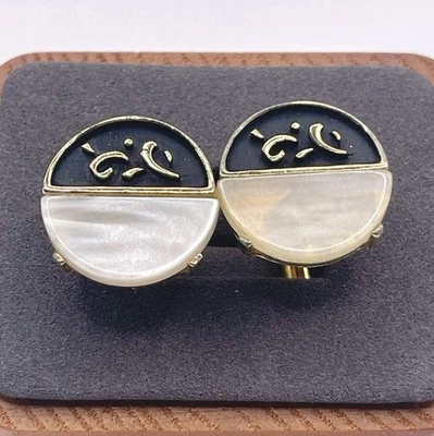 VTG Swank Cufflinks Gold Tone Black Enamel Mother of Pearl Mid Century Modern - Image 1 of 4