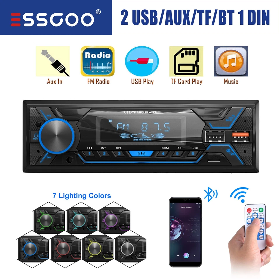 1 DIN MP3 7Farben Autoradio mit FM Bluetooth Freisprech Fernbedienung USB TF AUX - Bild 1 von 4