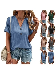 Summer Women's Loose Fit V Neck TShirt with Button Detail and Short Sleeves - Picture 1 of 91