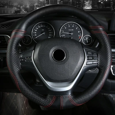 Cubierta de cuero real costura a mano costura coche SUV volante transpirable negra Foto 1 de 4