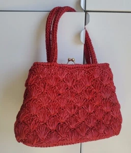 Vintage 50s 60s LESCO Raffia Straw RED Handbag Bag Purse KISSLOCK Mad Men MAISEL - Picture 1 of 17
