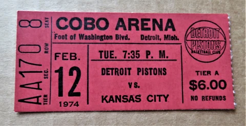 Detroit Pistons vs Kansas City Kings Ticket stub Feb 12, 1974 - COBO Arena ! Cover