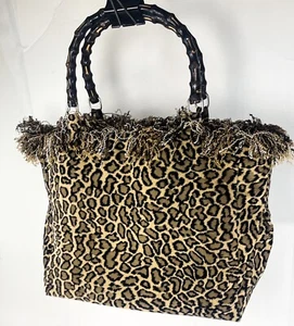 Lula Belle Hand bag Purse Leopard Pattern bamboo handles brown black 13"L 11"T - Picture 1 of 7