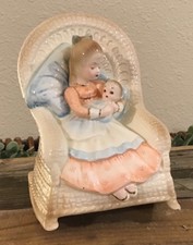 Vintage Josef Originals Music Box Girl in Rocker with Baby Figurine, Rocking Nr