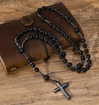 Collar Colgante Natural 8mm Piedra Ojo de Tigre Rosario Piedra Biliar Negra Cruz Regalo Foto 1 de 4