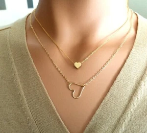Damen Halskette Herz Gold Anhänger Schmuck Geschenk Feine Kette Multilay - Picture 1 of 2