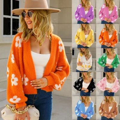 Women Fluffy Fur Knitted Cardigan Loose Front Open Jumper Top Daisy Sweater Coat - Image 1 of 4