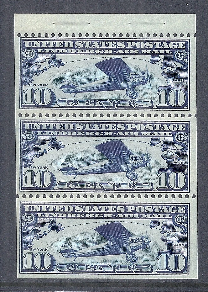 1927 US C10a Lindbergh Airmail, Booklet Pane of 3 w/ Tab & Front Cover MNH - Image 1 of 3